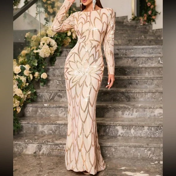 Luxe long sleeve party formal sequins dress Wedding